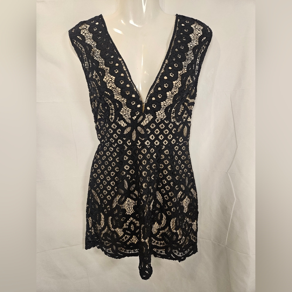 Free People Black Lace Deep V Plunge Mini Dress Size 2 Open Back Boho Festival